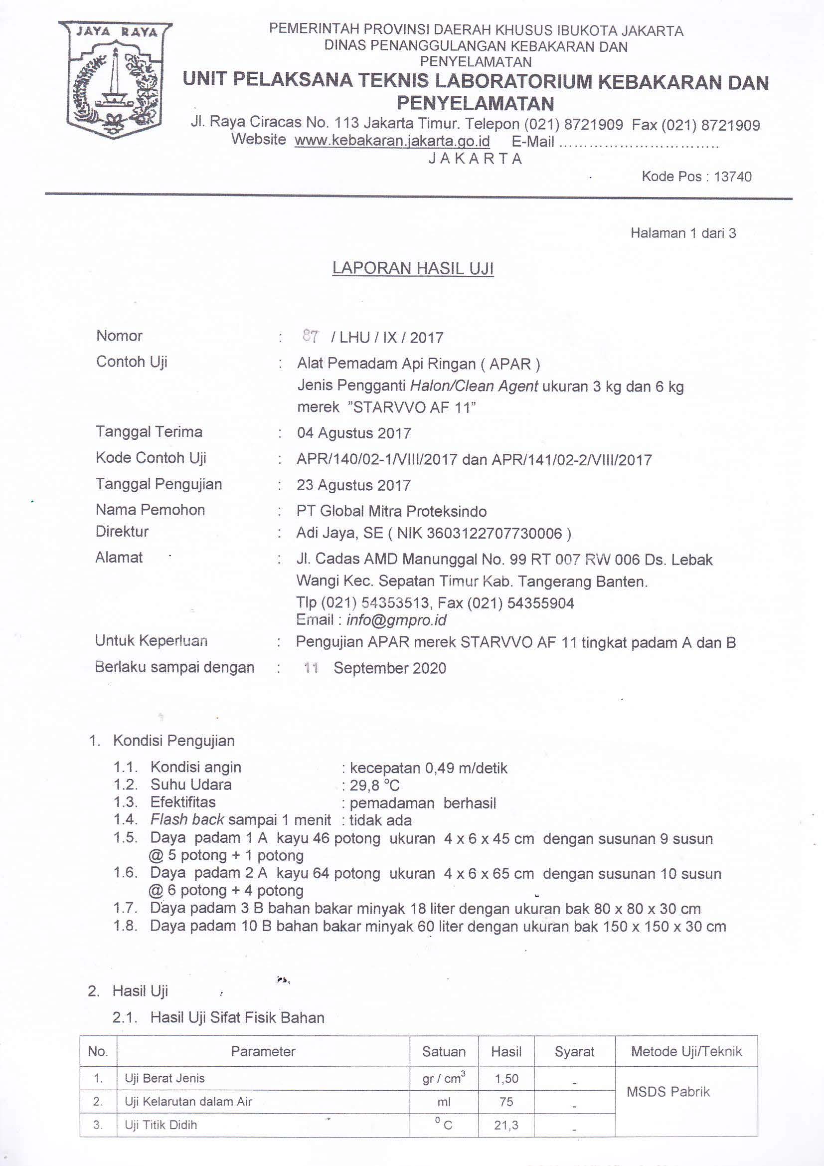 Sertifikat uji damkar tabung pemadam api Starvvo AF11