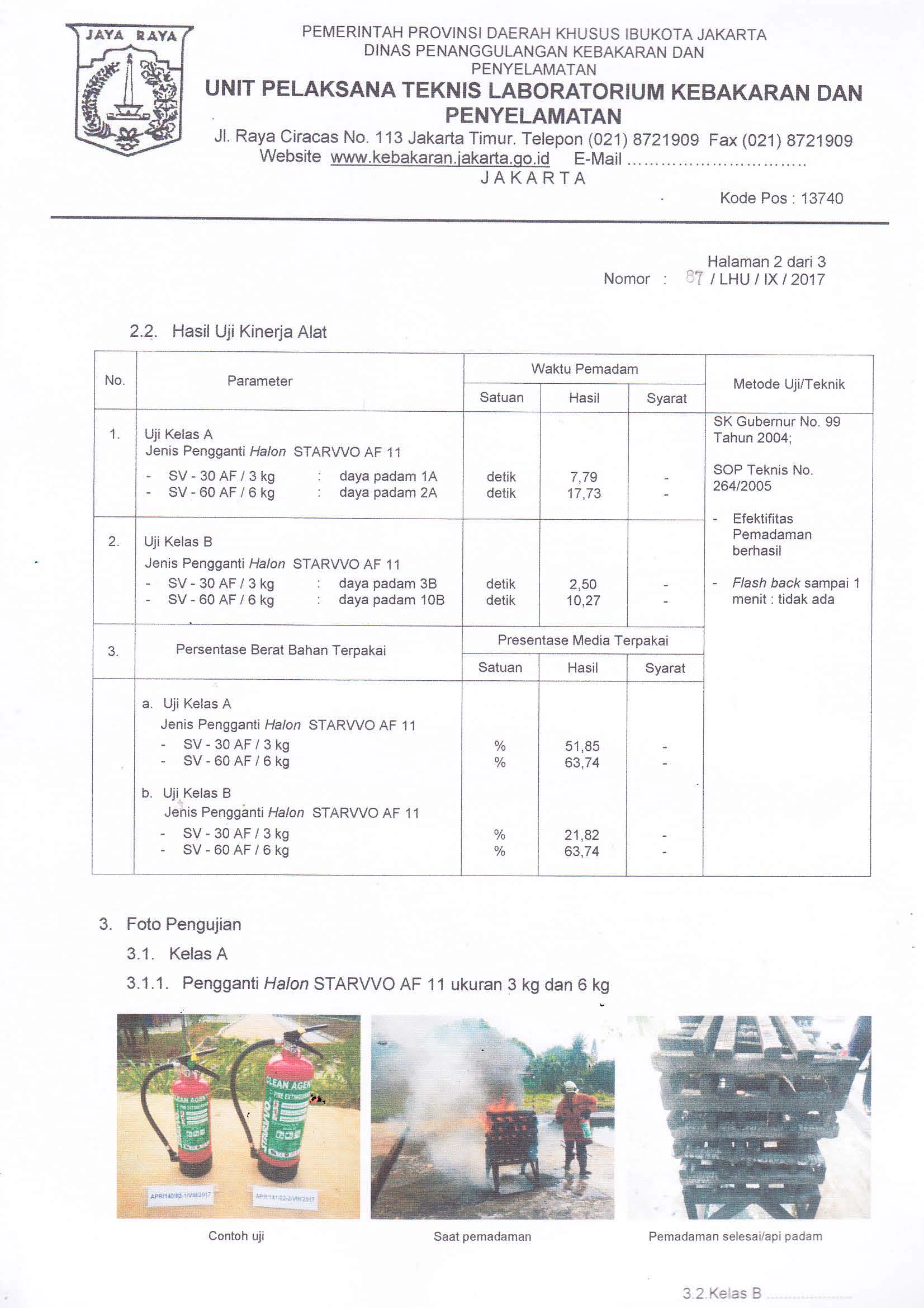 Sertifikat uji damkar tabung pemadam api Starvvo AF11