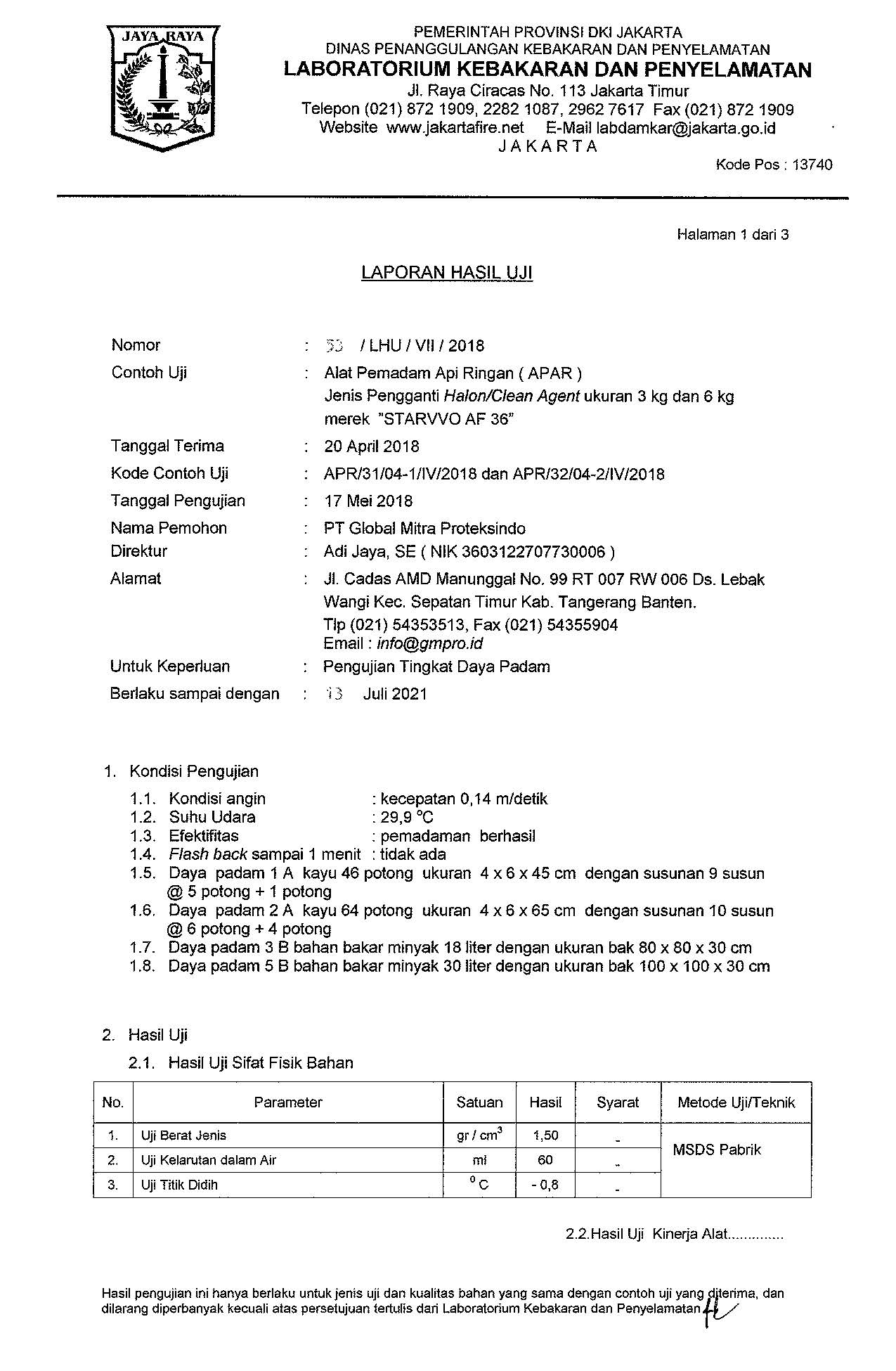 Sertifikat uji damkar tabung pemadam api Starvvo AF36