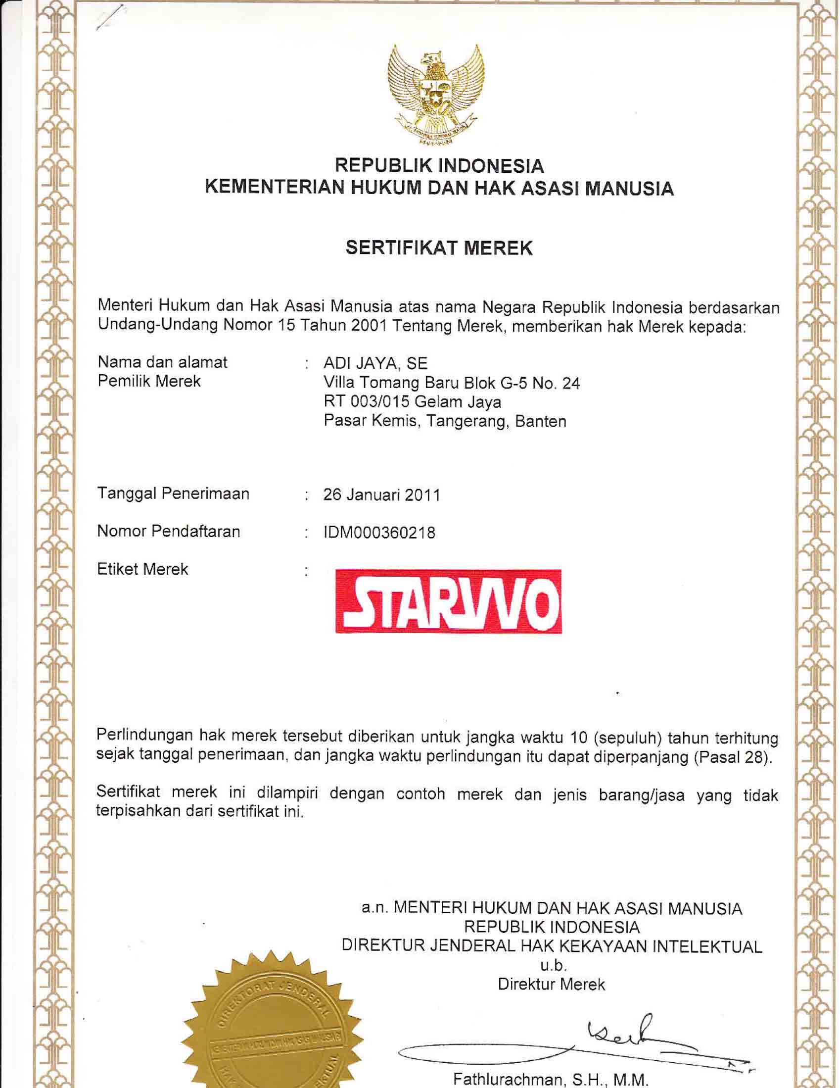 Sertifikat merek tabung pemadam api Starvvo