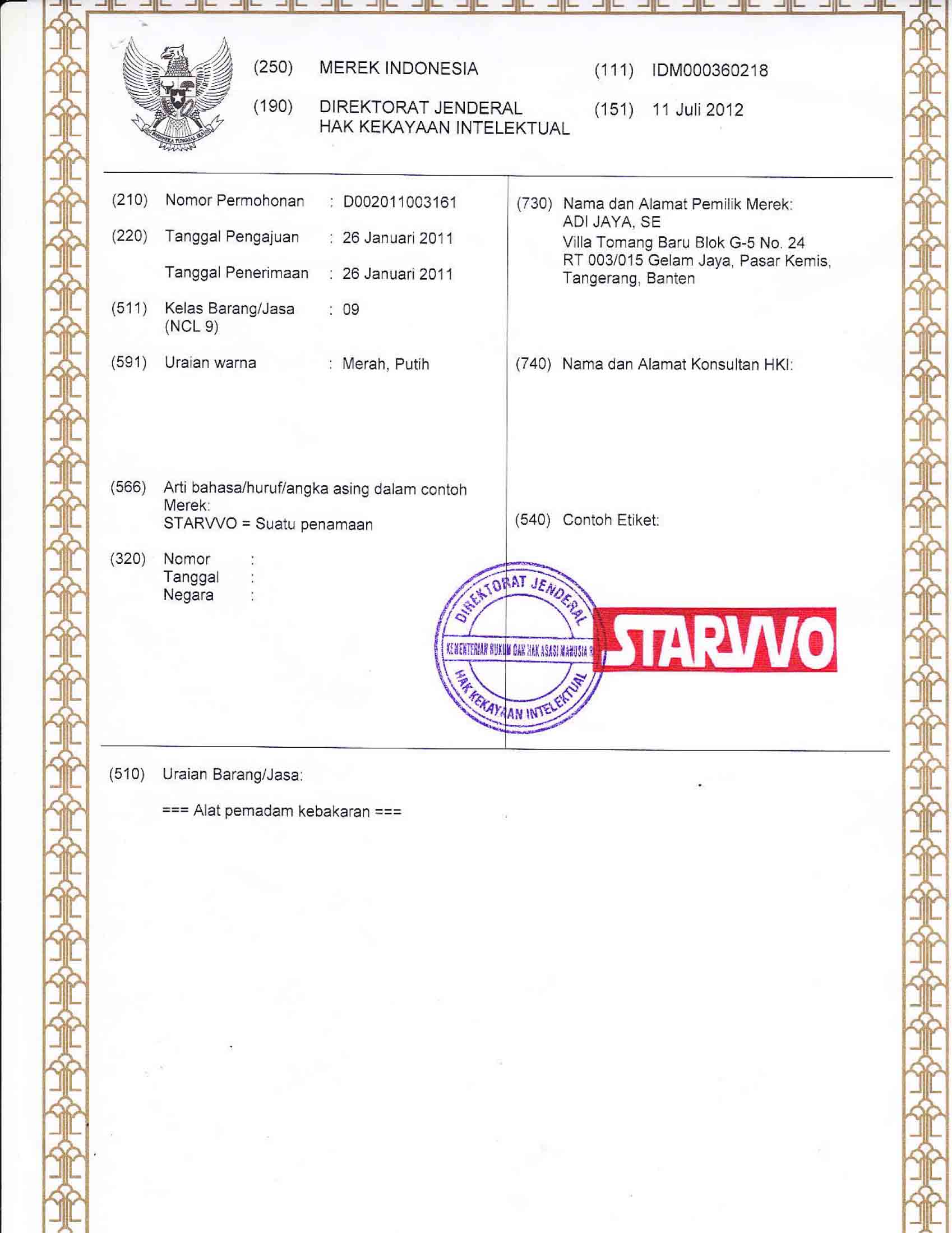 Sertifikat merek tabung pemadam kebakaran Starvvo