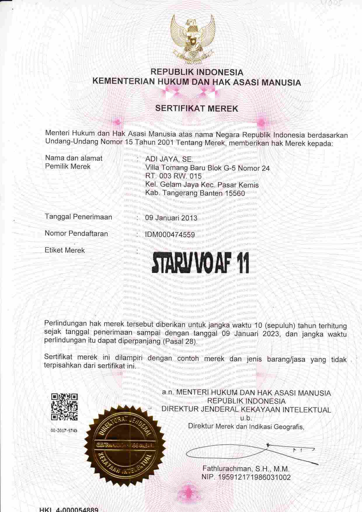 Sertifikat merek tabung pemadam api Starvvo